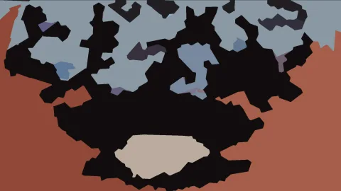 Abstrakte Komposition aus schwarzen, hellblauen und grauen Formen auf terrakottafarbenem Grund, unten in der Mitte eine beige Fläche.