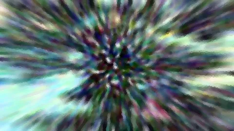 Abstrakte Farbstreifen in Grün, Lila und Türkis laufen radial von einem dunklen Zentrum nach außen.