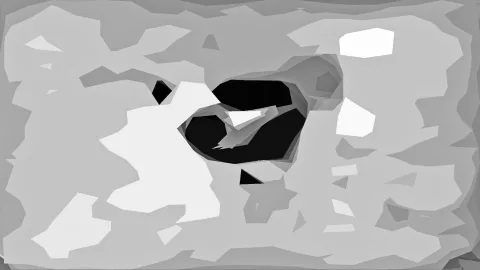 Abstrakte graue Fläche mit weißen und schwarzen Polygonen, in der Mitte eine dunkle, ovale Form.