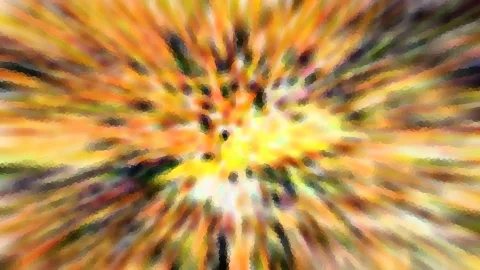 Abstrakte Komposition mit radial von einem hellgelben Zentrum ausstrahlenden Streifen in Orange, Gelb, Grün und Dunkelbraun, die verschwommen und pixelig wirken.