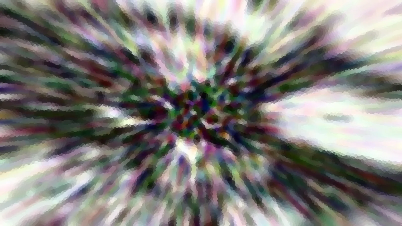 Abstraktes Bild mit bunten, strahlenförmig von der Mitte nach außen laufenden Streifen in Grün, Violett, Weiß und Dunkelrot, mosaikartig verpixelt.