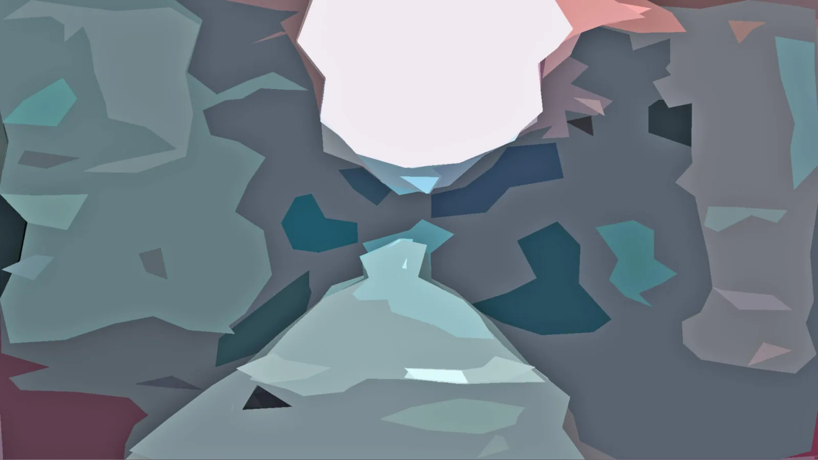 Abstrakte Low-Poly-Komposition aus grauen, petrolfarbenen und blassrosa Flächen mit einer hellen, achteckigen Form oben in der Mitte.