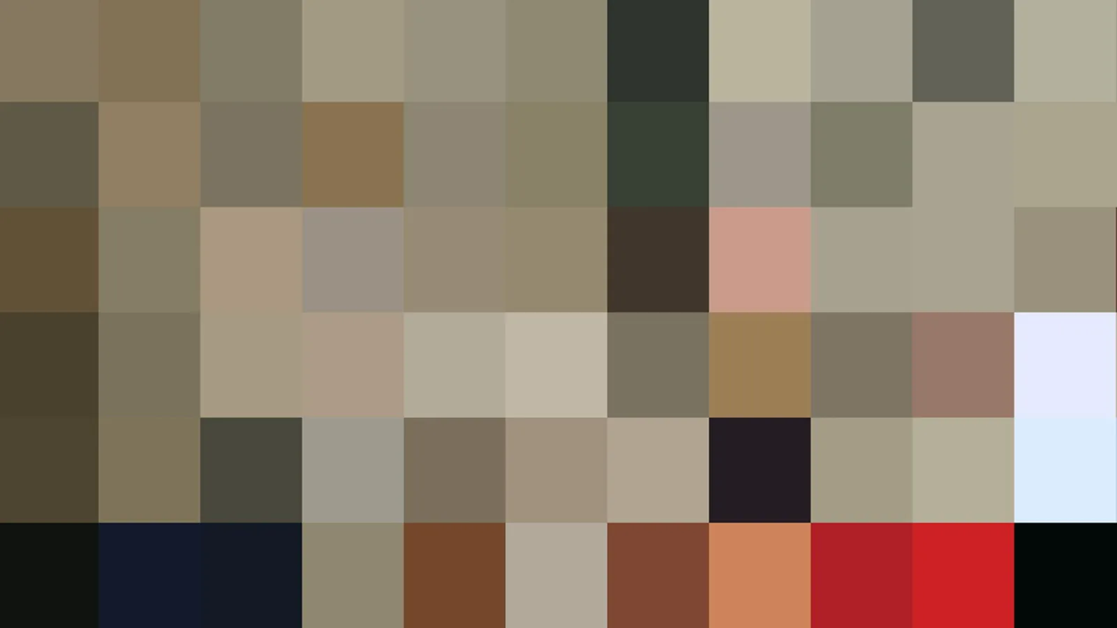 Grobes Mosaik aus quadratischen Farbblöcken in Grau-, Beige- und Brauntönen, unten dunkle Blau- und kräftige Rotfelder.