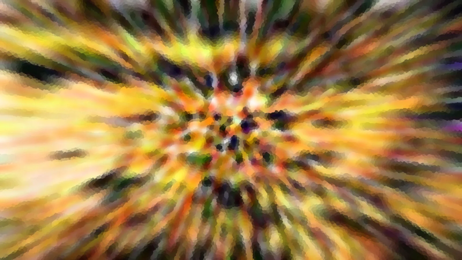 Abstraktes Bild mit gelben, orangefarbenen und grünen Farbstreifen, die von einem hellen Zentrum radial nach außen laufen, unscharf und leicht gepixelt.