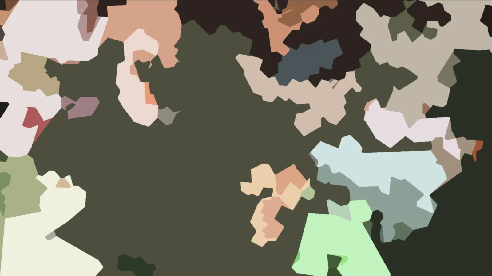 Abstraktes Muster aus unregelmäßigen Flächen in Pastell, Beige, Rosa und Mintgrün auf dunkel olivgrünem Grund