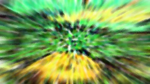 Abstrakte Komposition in Grün und Gelb, die von einem dunklen Zentrum radial nach außen strahlt, mit mosaikartig gepixelten Farbflächen.