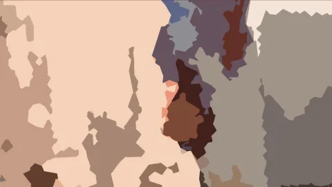 Abstrakte Komposition aus unregelmäßigen Flächen in Beige, Braun, Grau und Schieferblau.