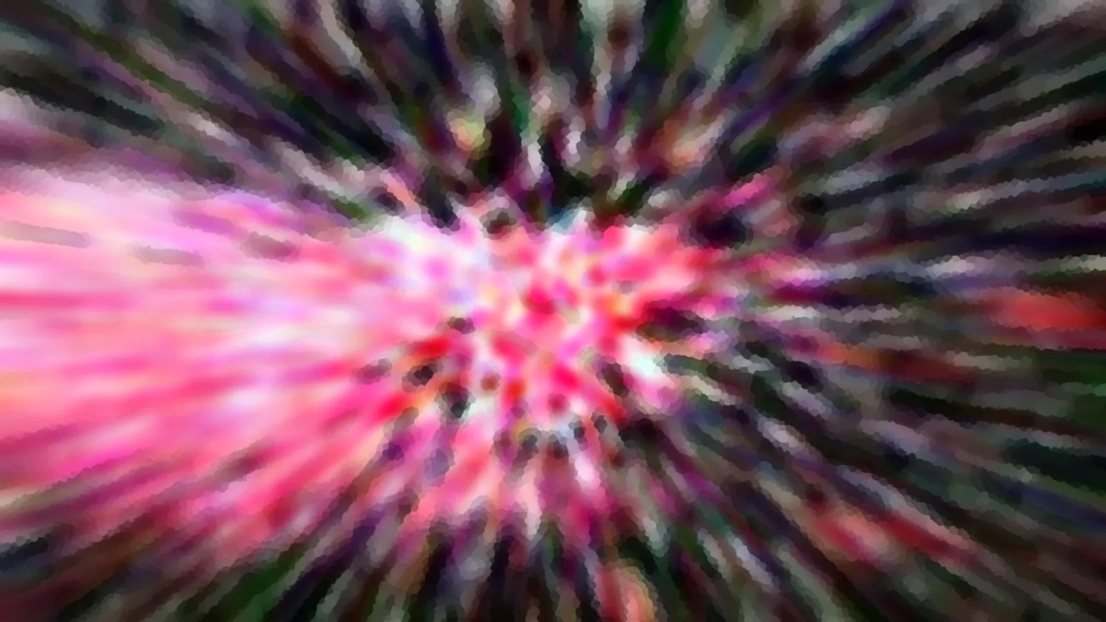 Abstrakte Komposition aus radial verlaufenden, verwischten Streifen in Pink, Rot und Dunkelgrün mit hellem Zentrum.