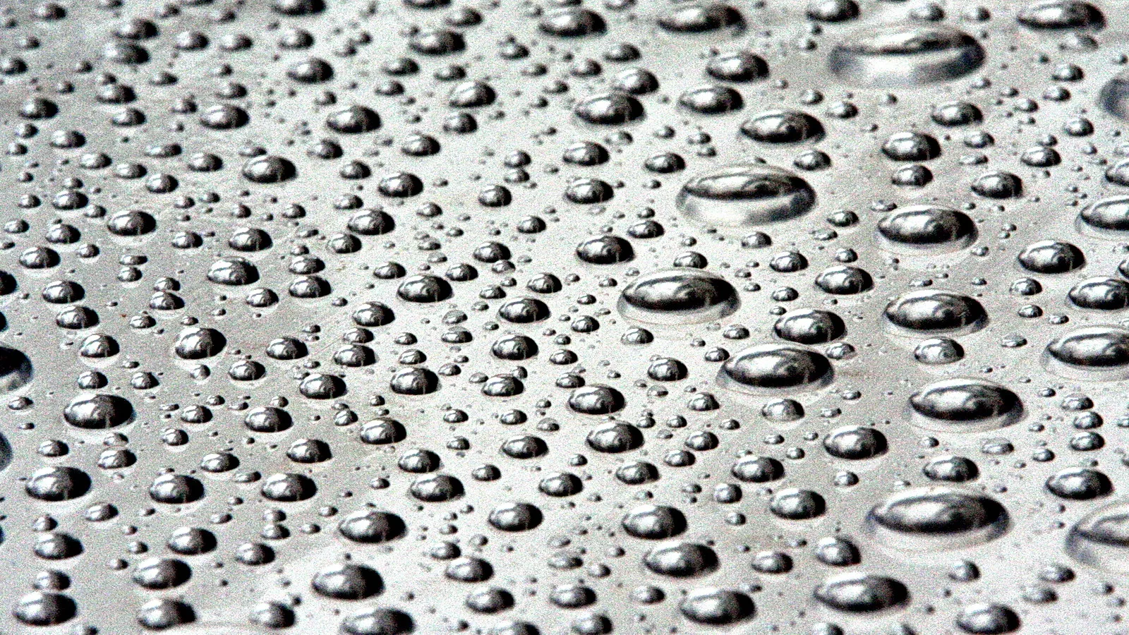 Viele kleine und größere Wassertropfen liegen dicht gedrängt auf einer grau glänzenden Oberfläche, die Lichter spiegeln sich in den Tropfen.