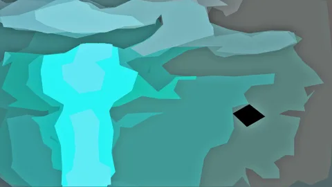 Abstrakte Komposition aus türkisen und hellblauen polygonalen Flächen, links ein leuchtend cyanfarbener Streifen, rechts eine graue Fläche und eine kleine schwarze Raute.