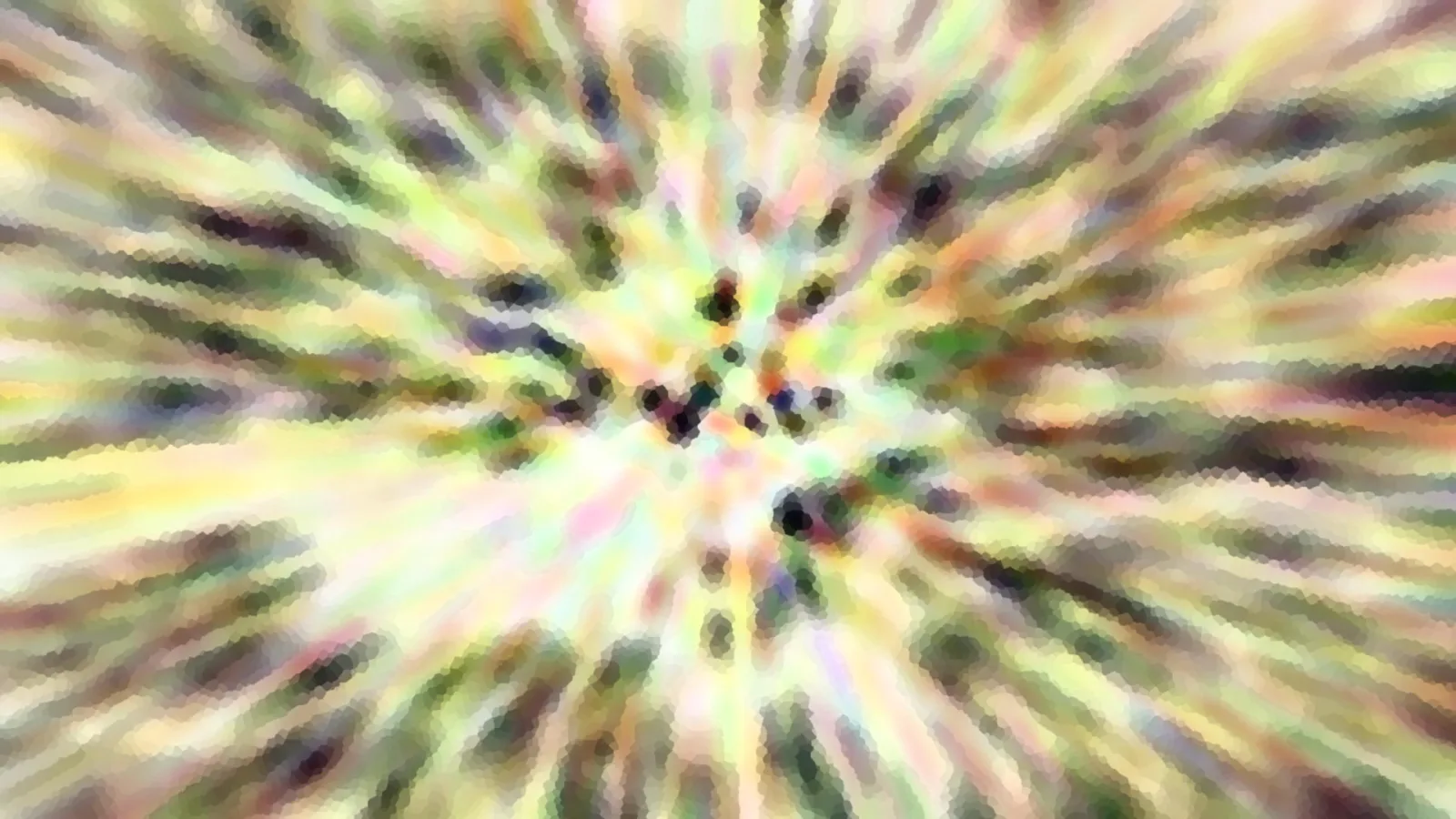 Abstraktes Bild mit radialen Farbstrahlen in Gelb, Grün und Rosa, die von einem dunklen Punktzentrum ausgehen, pixelig verfremdet.