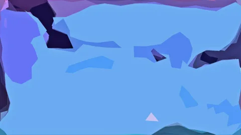 Abstrakte Komposition aus kantigen Polygonflächen in Hellblau, Violett und Dunkelblau, am unteren Rand ein dunkles Grünblau und ein helles Dreieck.