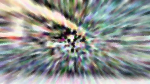 Abstraktes Bild mit bunten, radial nach außen verlaufenden Schlieren um ein dunkles Zentrum, das grob gerastert wirkt.