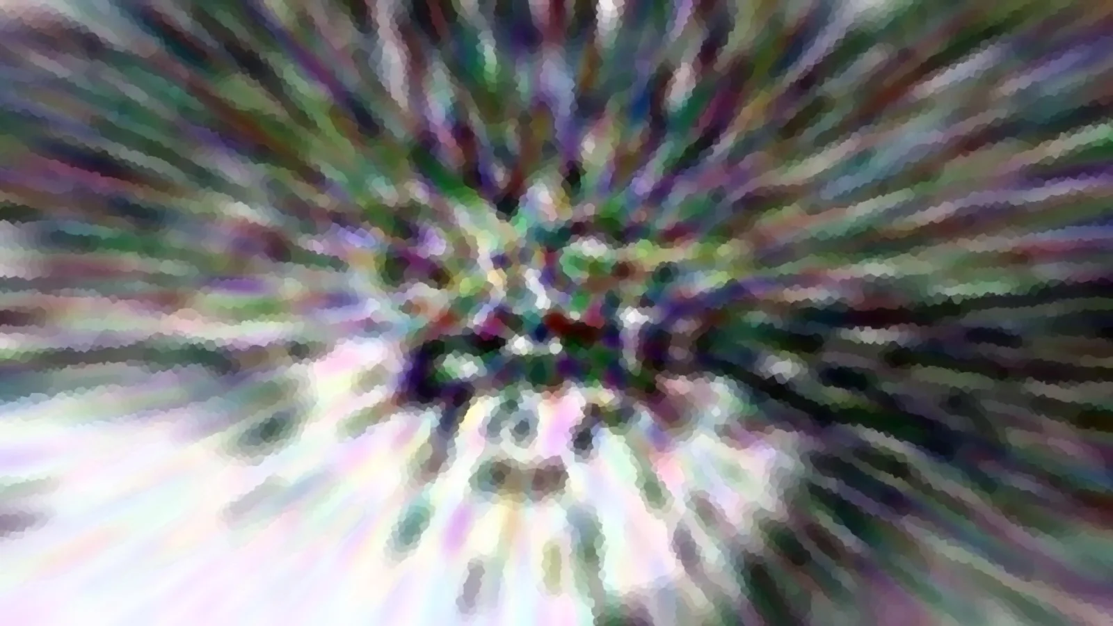Abstrakte Komposition aus bunten, verwischten Schlieren in Grün, Violett und Weiß, die von einem Zentrum in der Bildmitte nach außen laufen, mosaikartig verpixelt.