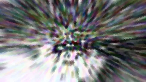 Abstrakte Komposition aus bunten, verwischten Schlieren in Grün, Violett und Weiß, die von einem Zentrum in der Bildmitte nach außen laufen, mosaikartig verpixelt.