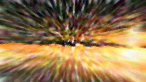 Abstrakte Komposition aus farbigen Schlieren, die von einem Zentrum nahe der Bildmitte radial nach außen laufen, oben in Grün und Violett, unten in Orange und Gelb.