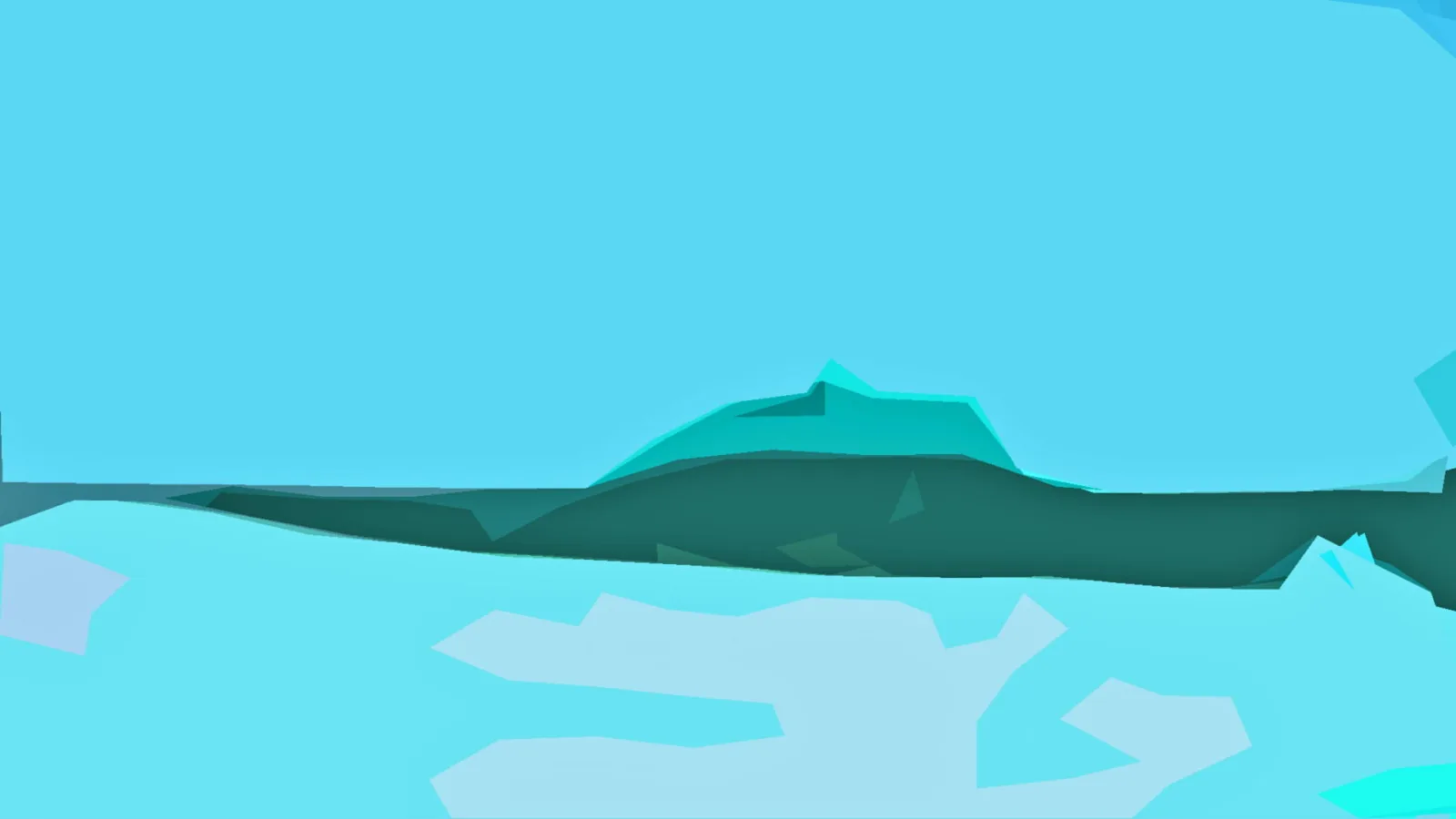Stilisierte Landschaft mit türkisfarbenem Himmel, dunkelgrünem Hügel und hellen, flachen Flächen im Vordergrund.