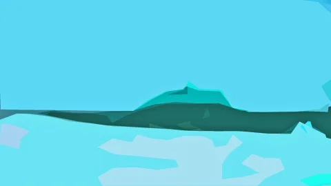 Stilisierte Landschaft mit türkisfarbenem Himmel, dunkelgrünem Hügel und hellen, flachen Flächen im Vordergrund.