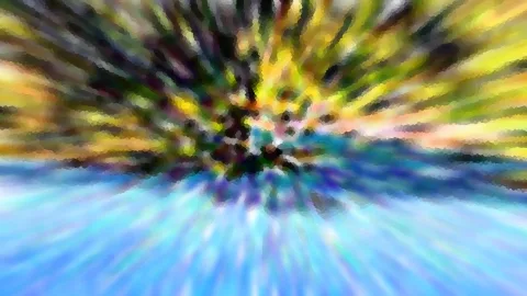 Abstrakte Komposition mit radial auseinanderlaufenden Streifen in Gelb, Grün und Dunkelblau, dunkler Mittelpunkt im oberen Bereich, unten helles Blau.