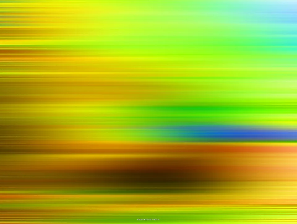 Abstrakte Komposition aus waagerechten, verwischten Streifen in Gelb, Grün, Orange und einem blauen Akzent rechts der Mitte.