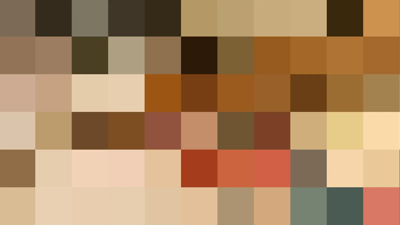 Grobes Pixelmosaik in Braun-, Beige- und Ockertönen mit wenigen roten und graugrünen Feldern.