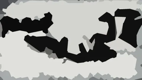 Schwarze, unregelmäßige Formen auf hellgrauem, kantig gegliedertem Untergrund