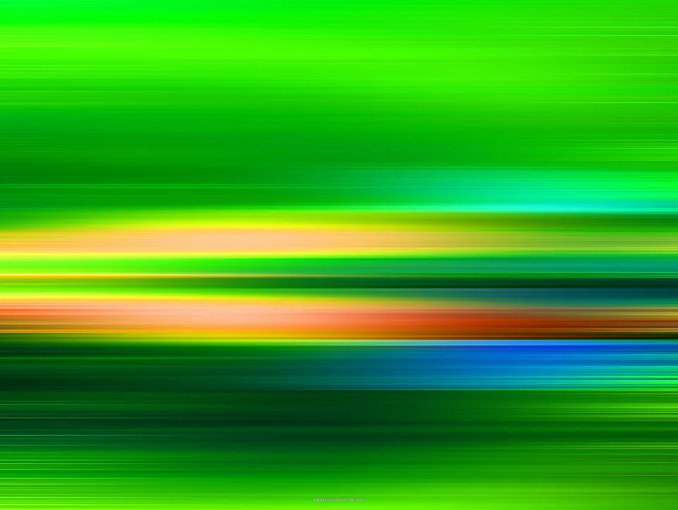 Abstrakte horizontale Streifen aus Lichtschlieren in leuchtendem Grün, durchzogen von gelben, orangen und blauen Bändern.