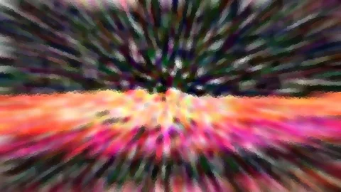 Abstrakte Komposition mit radialer Bewegungsunschärfe: dunkle grüne und violette Streifen laufen von oben zur Mitte, darunter leuchten orange, gelbe und pinke Farbschlieren wie ein Sonnenuntergang.