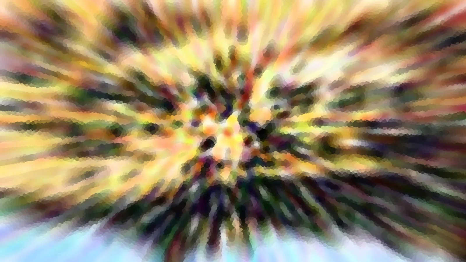 Abstrakte Komposition aus gelben, orangen, grünen und dunklen Farbstrahlen, die vom Zentrum nach außen radial auseinanderlaufen, unten ein heller bläulicher Bereich.