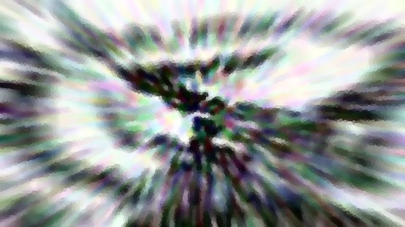 Abstrakte Komposition aus Farbschlieren in Grün, Violett und Weiß, die radial von einem dunklen Zentrum nach außen strahlen, mit grobem Pixelmuster.