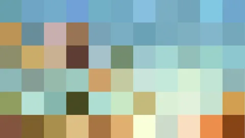 Pixelmosaik aus farbigen Quadraten in Blau, Grün, Beige und Braun, oben überwiegend blau.