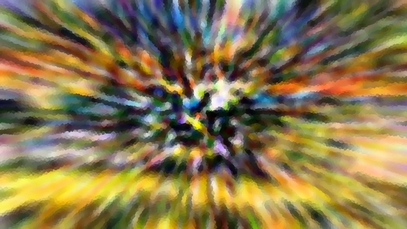 Abstrakte Komposition aus bunten, radial vom Zentrum nach außen laufenden Farbstrahlen in Gelb, Grün, Blau, Rot und Violett, grob gepixelt wie ein Mosaik.