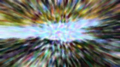 Abstrakte Komposition mit radial verlaufenden, bunten Streifen in Grün, Gelb, Violett und Braun, die von einem hellen, pastellblauen Zentrum ausgehen.