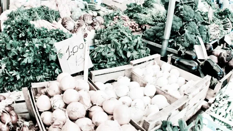 Gemüsestand mit Zwiebeln in Holzkisten, daneben Petersilie, Brokkoli und Auberginen, dazu ein handgeschriebenes Preisschild mit 1,00 €.
