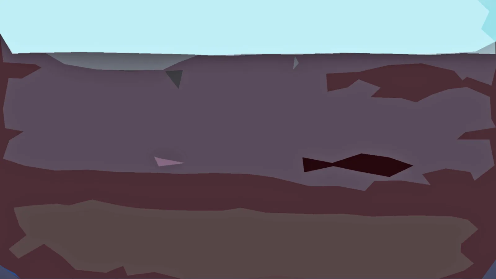 Abstrakte Komposition aus violetten, weinroten und hellblauen flachen Flächen mit einem kleinen dunklen fischähnlichen Motiv und kleinen Dreiecken.