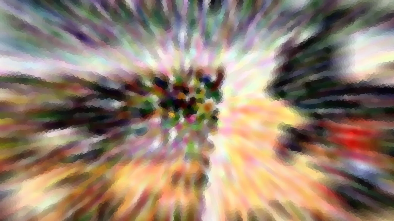 Abstrakte Komposition mit radialen Farbstrahlen, die von einem dunklen, bunten Zentrum nach außen laufen. Grün, Violett, Gelb, Orange und Rot verschwimmen zu einem mosaikartigen Muster.