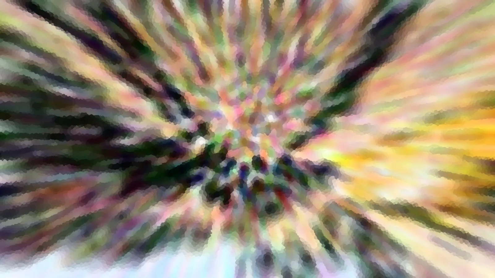 Abstrakte Komposition aus radial von der Mitte ausgehenden, verwischten Streifen in Grün, Gelb, Rosa und Weiß, mit pixeligem Mosaikeffekt.