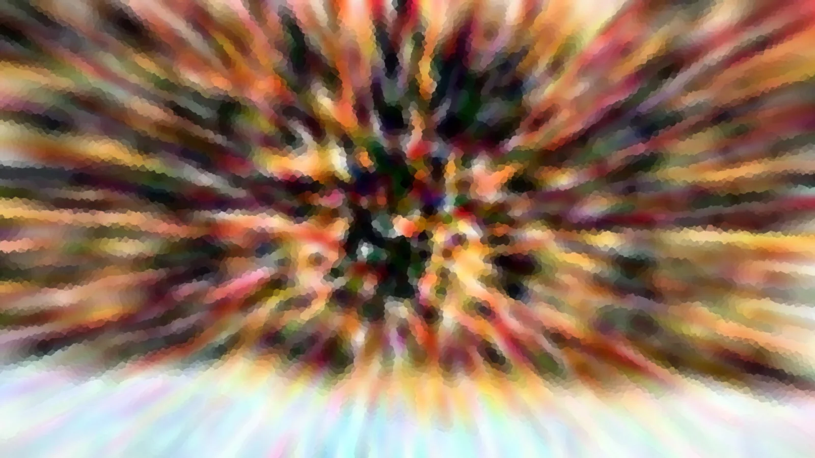 Abstrakte Komposition aus bunten Farbstreifen, die von einem dunklen Zentrum in der Mitte radial nach außen strahlen, unten hellt sich das Bild in Pastelltönen auf.