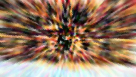 Abstrakte Komposition aus bunten Farbstreifen, die von einem dunklen Zentrum in der Mitte radial nach außen strahlen, unten hellt sich das Bild in Pastelltönen auf.