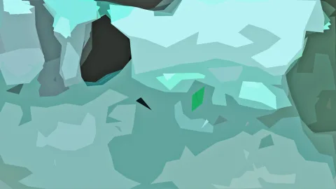 Abstrakte Komposition aus türkisfarbenen, mintgrünen und dunkelgrauen Polygonen mit einem kleinen grünen Akzent in der Mitte.