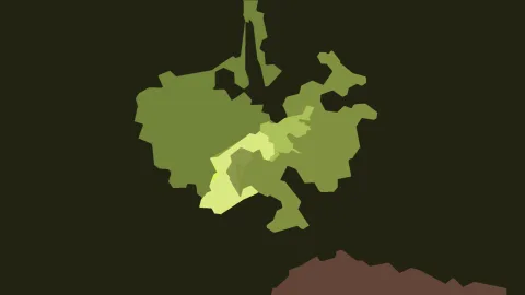 Abstrakte grüne Flächen mit hellen Akzenten in der Mitte auf dunklem Hintergrund, unten rechts ein brauner Hügel.