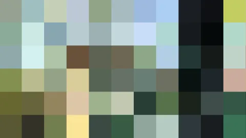 Rechteckiges Raster aus farbigen Pixelblöcken in Grün-, Blau-, Grau- und Schwarztönen, dazu ein paar gelbe und rosa Felder.