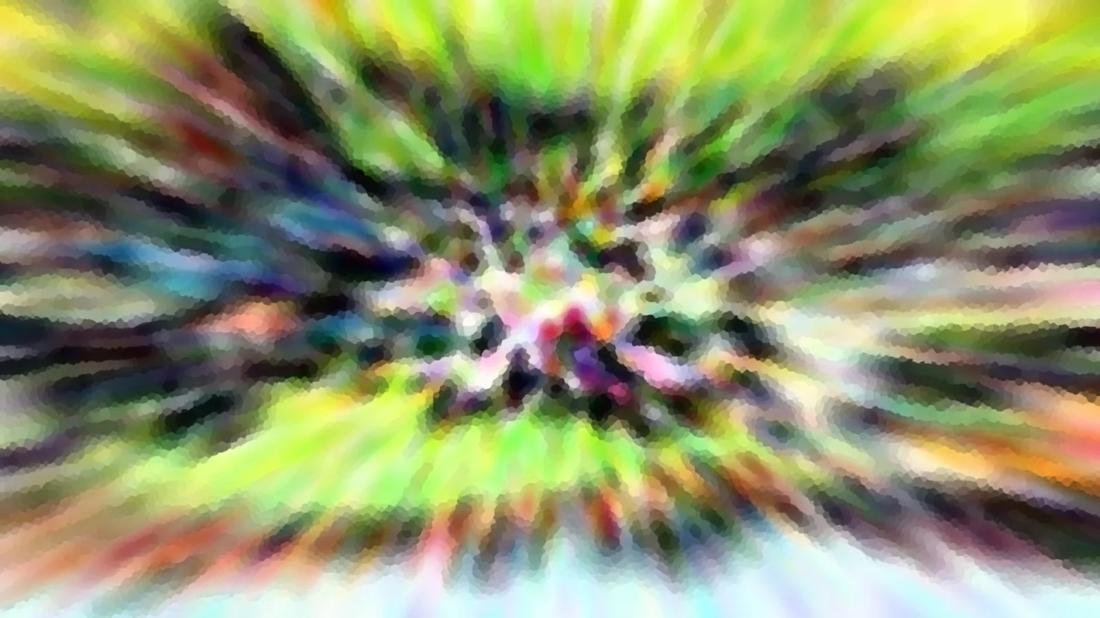 Abstraktes Bild mit radialer Bewegungsunschärfe: Farbstreifen in Grün, Gelb, Pink und Violett laufen von einem hellen Zentrum nach außen, die Kanten wirken mosaikartig gepixelt.