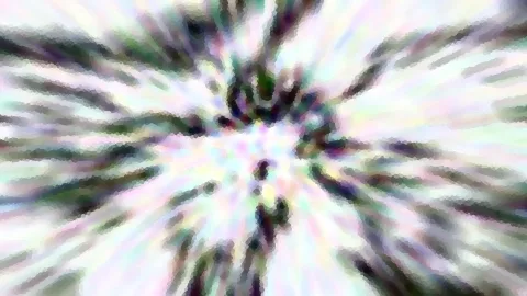 Abstrakte Komposition aus weißen, grünen und dunklen Streifen, die radial von einem hellen Zentrum nach außen laufen, mosaikartig verpixelt.