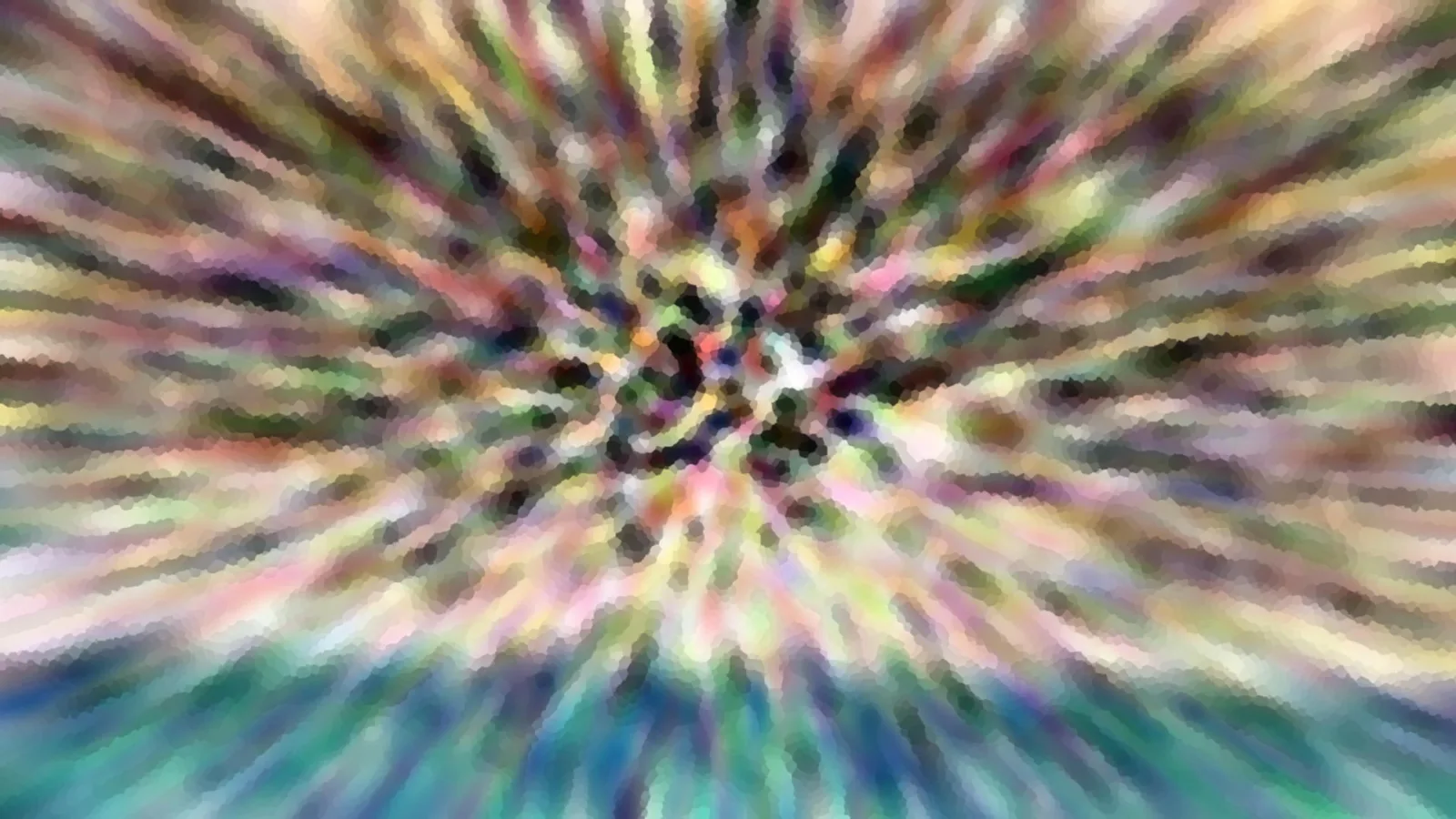 Abstraktes Bild mit bunten, radial verlaufenden Streifen aus kleinen Mosaiksteinen, die von einem dunklen Zentrum nach außen strahlen.