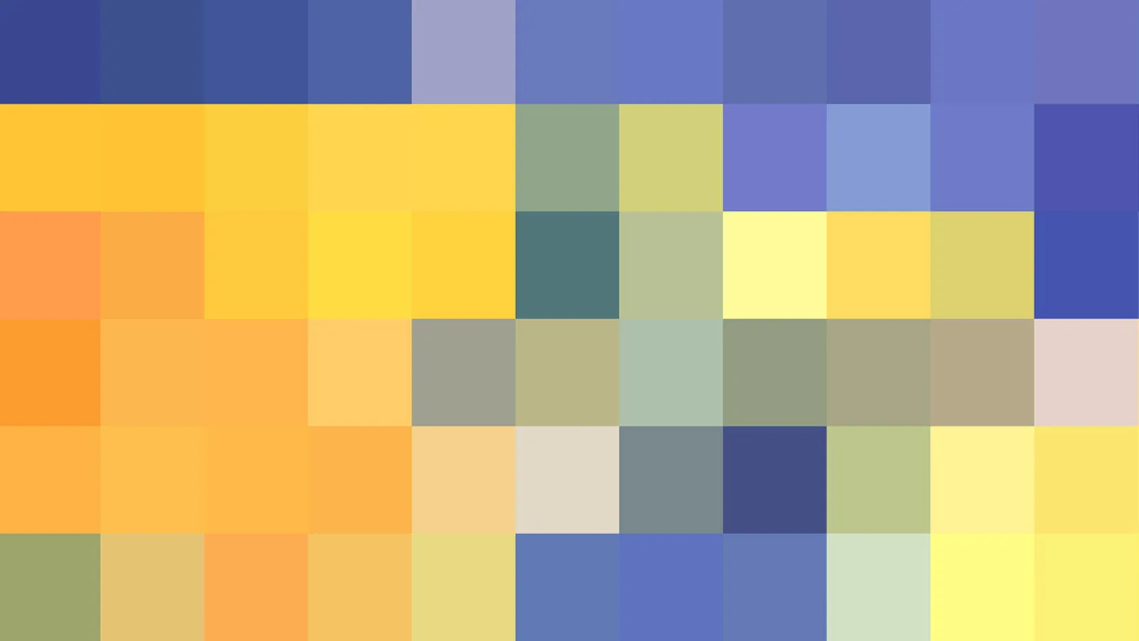 Abstraktes Mosaik aus quadratischen Pixelblöcken in Blau, Gelb, Orange und Grün, in einem Raster angeordnet.
