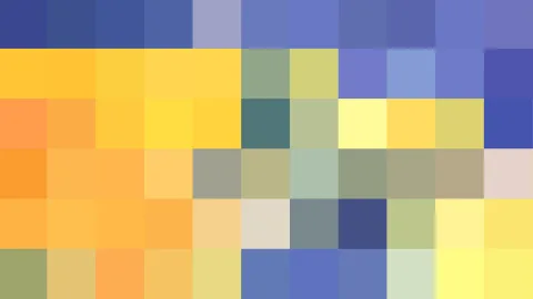 Abstraktes Mosaik aus quadratischen Pixelblöcken in Blau, Gelb, Orange und Grün, in einem Raster angeordnet.