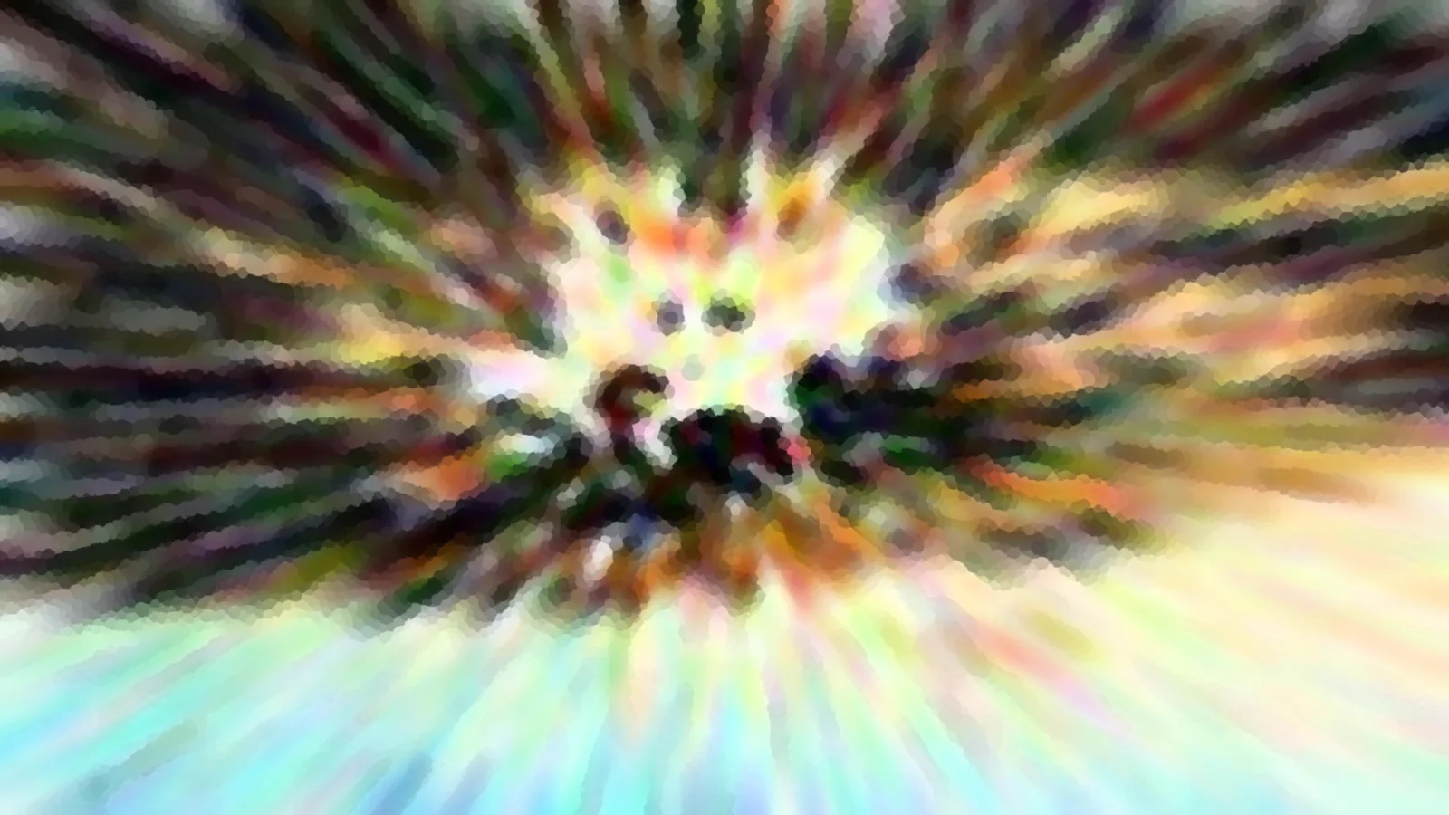 Abstrakte Komposition mit radial nach außen laufenden Farbstrahlen in Grün, Gelb, Rosa und Blau, im Zentrum ein helles, zerfasertes Feld mit dunklen Flecken.