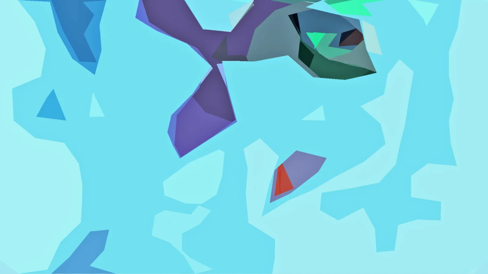 Abstraktes Low-Poly-Motiv mit violetten, grünen und roten Dreiecksflächen auf türkisem Grund.