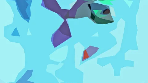 Abstraktes Low-Poly-Motiv mit violetten, grünen und roten Dreiecksflächen auf türkisem Grund.